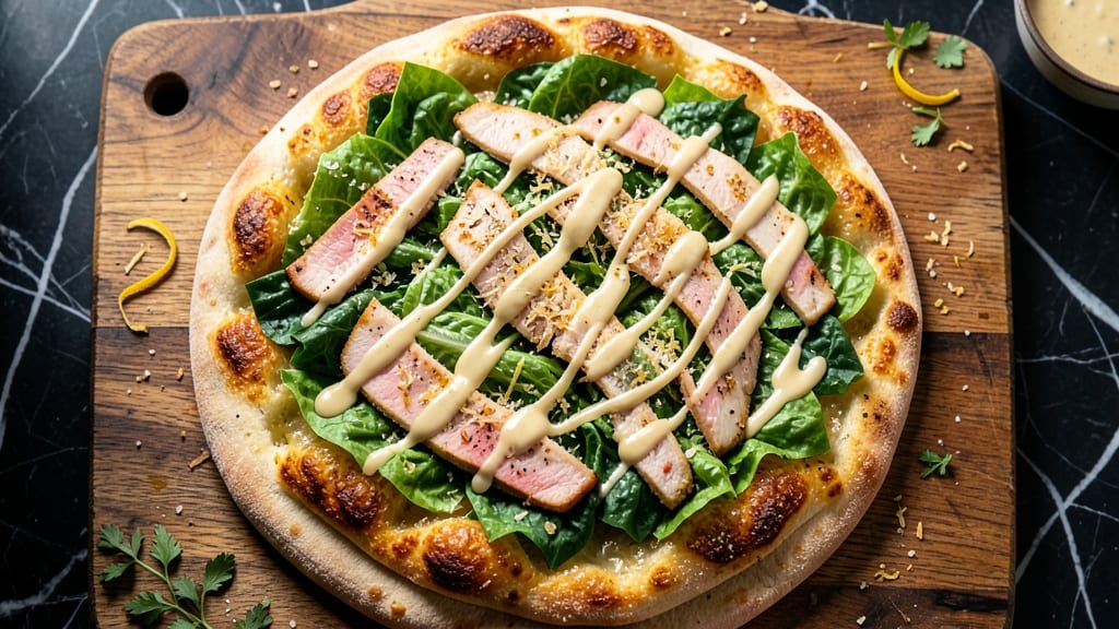 Chicken Crust Caesar Salad Pizza Recipe: Crispy Celery Crowns and Smoky Herb Cheese Fusion