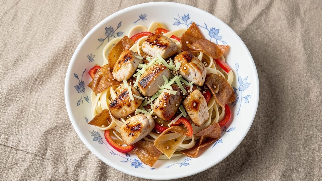 Chinese Chicken Pasta Salad Recipe: Sesame-Ginger Dressing With Crunchy Wonton Strips
