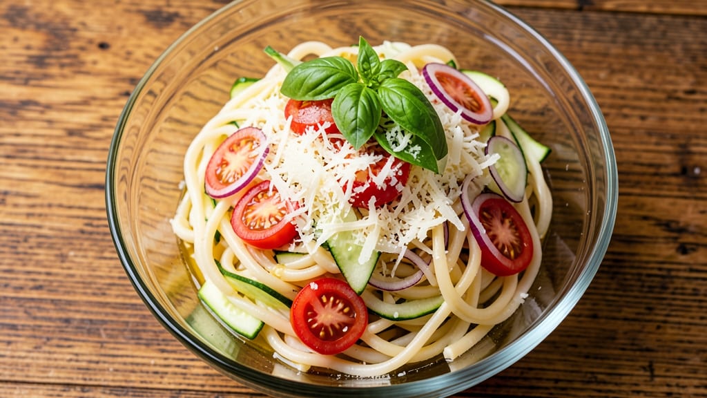 Capellini With Asiago Pasta Salad Recipe: Cool Al Dente Noodles and Melty Cheese Fusion