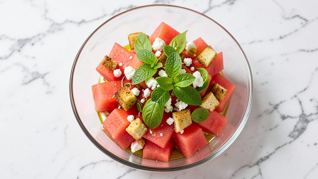 True Food Kitchen Watermelon Salad Recipe: Citrus-Balsamic Brightness With Crunchy Croutons