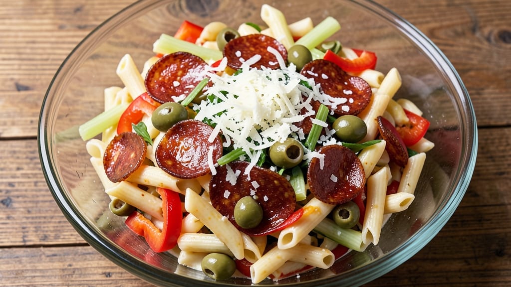 Cold Pizza Pasta Salad Recipe: Crispy Celery Crowns and Smoky Parmesan Twist