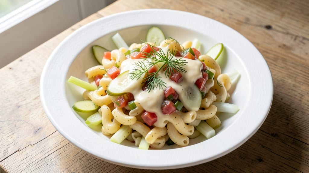 Classic Dill Pickle Macaroni Salad Recipe: Crisp Celery Crowns and Tangy Dill Zing