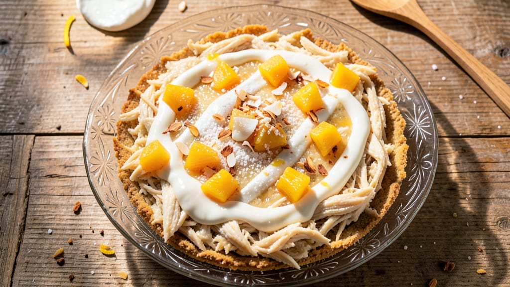 Chicken Salad Chick Pina Colada Pie Recipe: Tropical Cream Cheese Layers with Coconut Crust