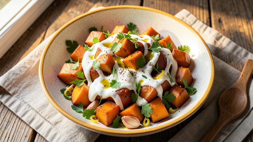 Warm Sweet Potato Salad Recipe: Spiced Roasted Sweet Potatoes With Creamy Herb Dressing