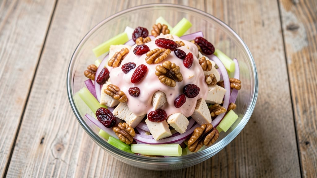 Chicken Salad Recipe With Walnuts, Cranberries, and Red Onion: Crunchy Nut-Tart Balance in 15 Minutes