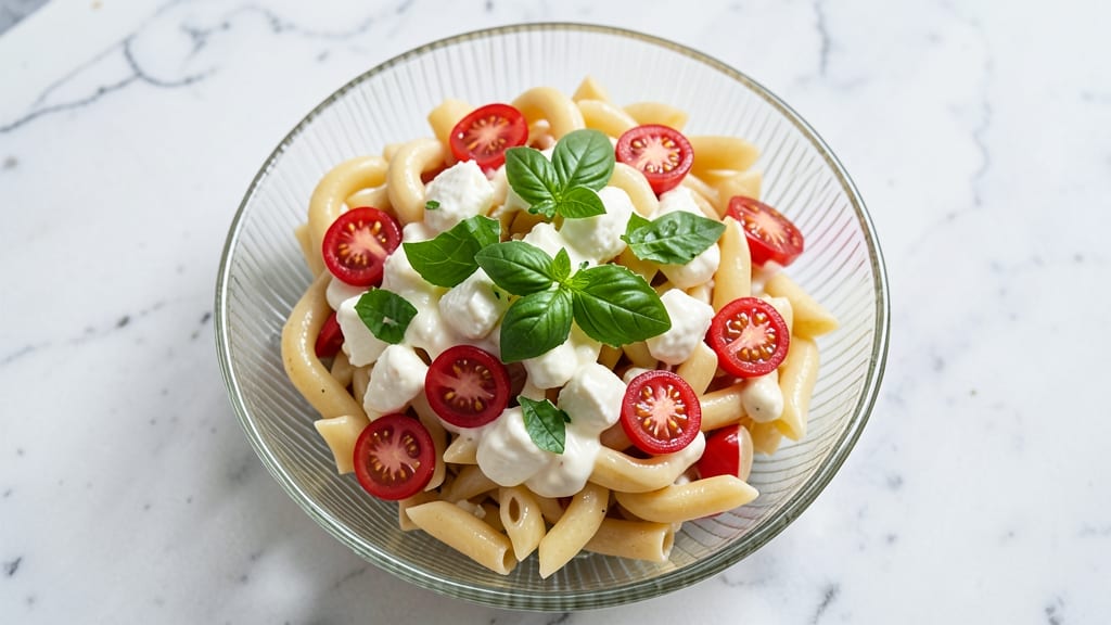 Caprese Macaroni Salad Recipe: Fresh Mozzarella and Tomato Bites in Creamy Basil Dressing