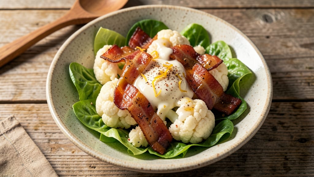 Cauliflower Lettuce Bacon Salad Recipe: Crispy Bacon Bites and Nutty Cream Cheese Twist